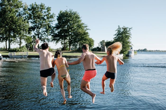 Rear view of friends jumping in lake against trees