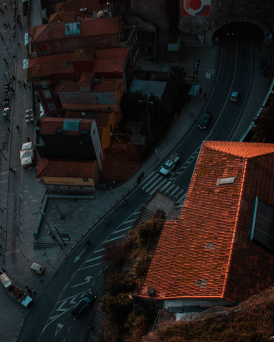 High angle view of street amidst buildings in city