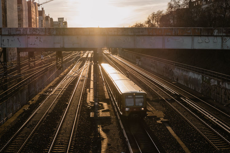 High angle view of railway tracks at sunset