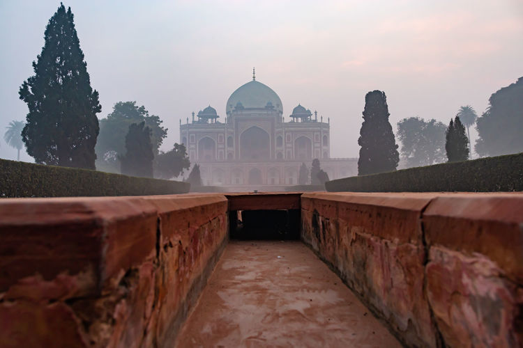 Humayun tomb at misty morning from unique perspective