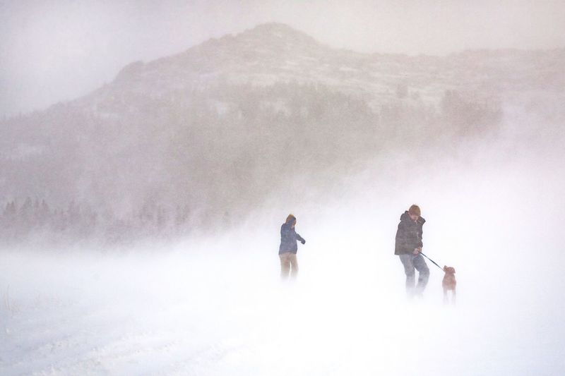 People with dog on snow field against mountain during extreme foggy weather
