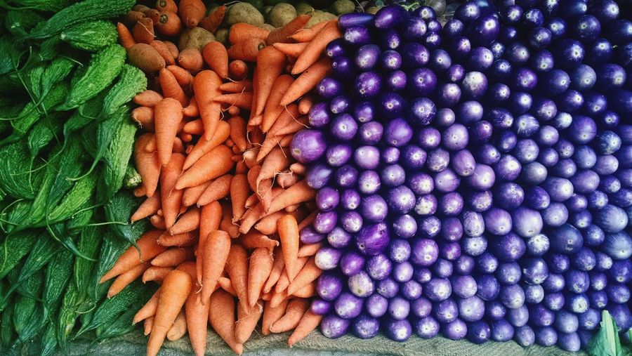 Close-up of multi colored vegetables for sale in market