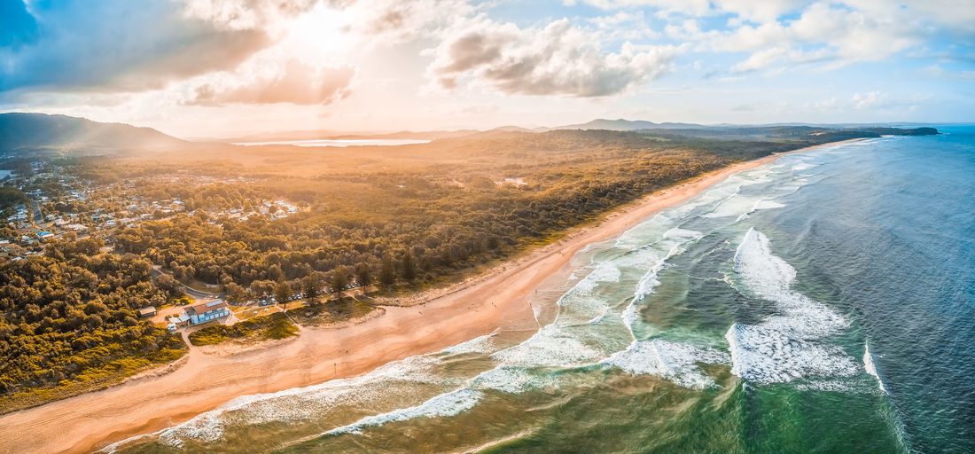 Aerial panoramic landscape of north haven beach in new south wales, australia