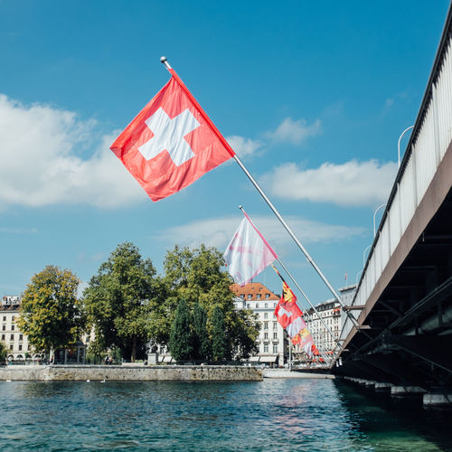 Swiss flags in row on bridge over river in city