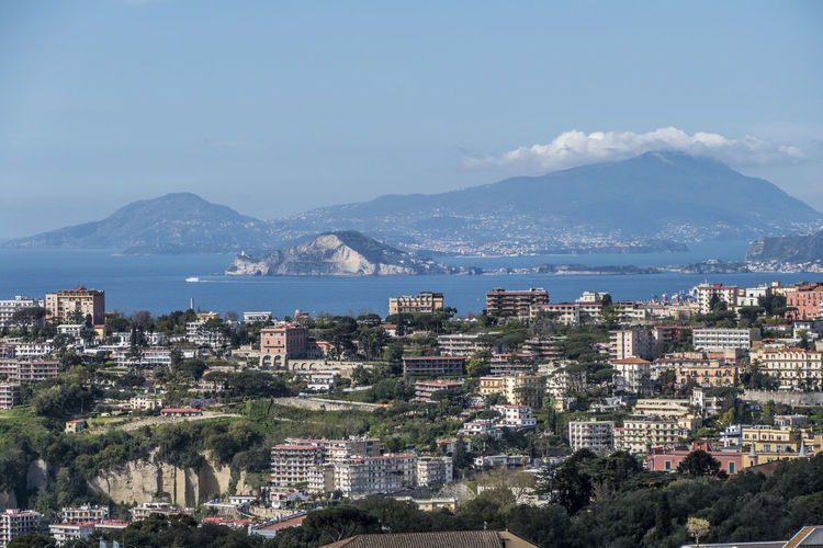 Aerial view of naples with ischia in background