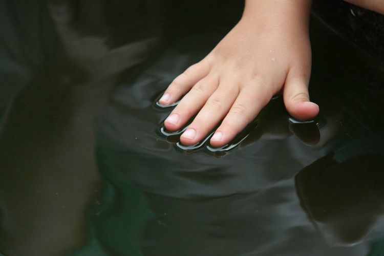 Cropped hand of woman touching surface of water
