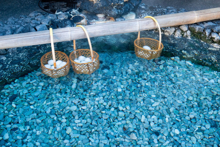 Boiled eggs by hot spring's heating in kusatsu onsen at gunma prefecture, japan