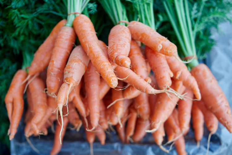 Bunch of fresh carrots for sale at market