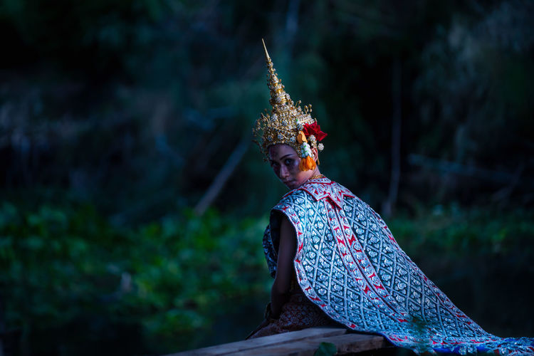 Thai ghost in traditional costume that appear in history, portrait of asian woman make up ghost