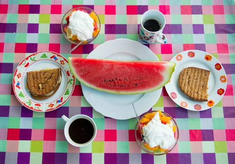 High angle view of breakfast served on table