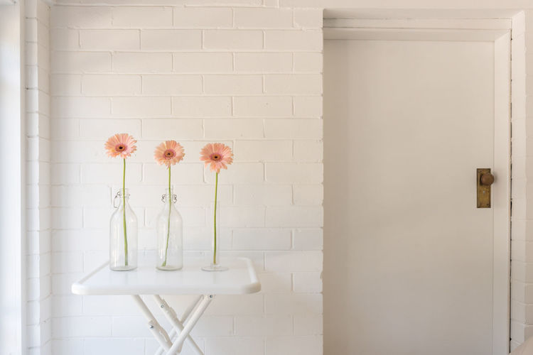 Flower vase against wall at home