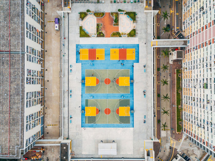 High angle view of playground and building