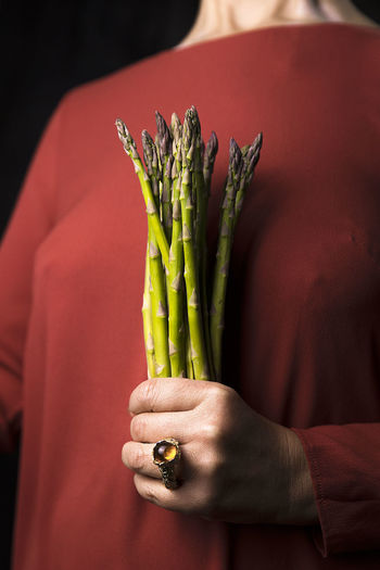 Woman in a tile-colored dress, and  green asparagus in hand