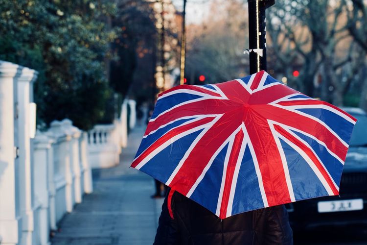 Person with british flag umbrella on sidewalk