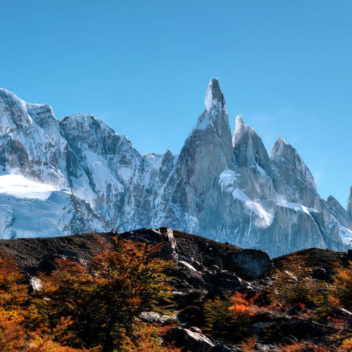 Scenic view of snowcapped mountains against clear sky