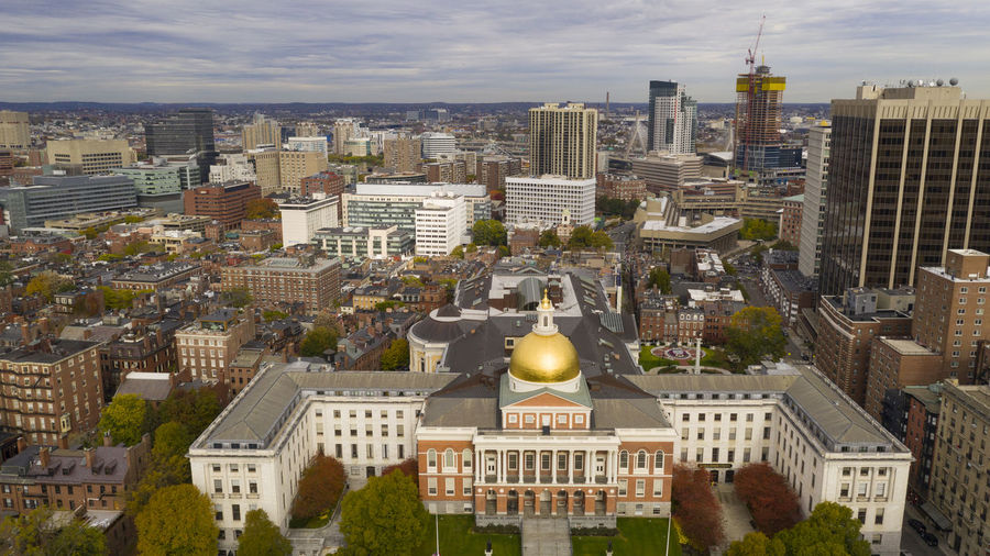 High angle view of buildings in city