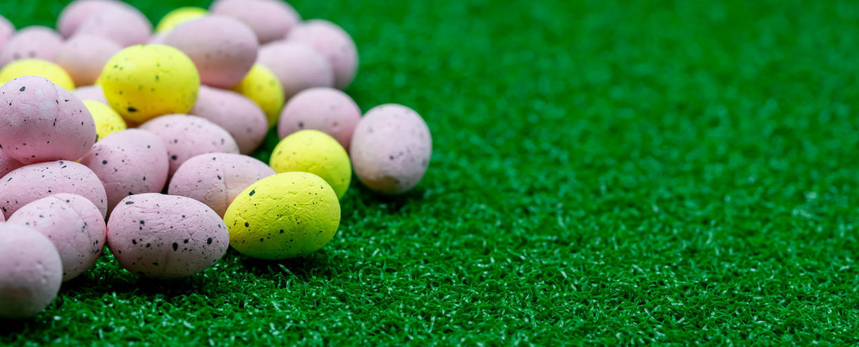 Close-up of multi colored eggs in grass