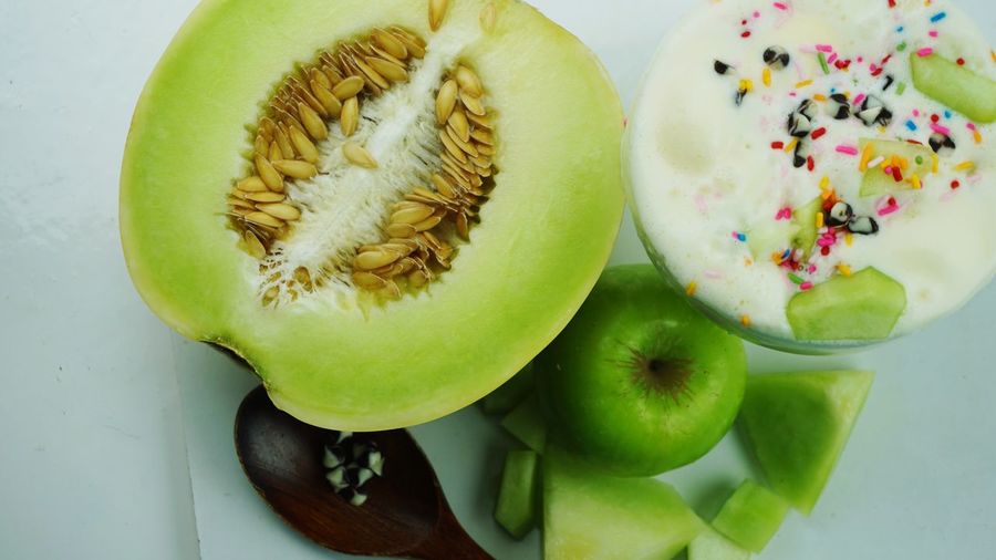 High angle view of fruits in bowl on table