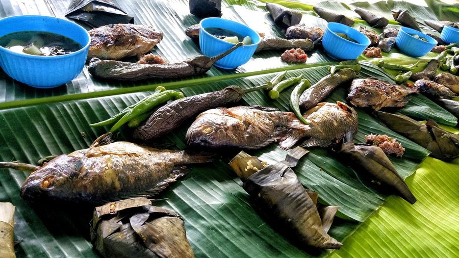 High angle view of seafood on banana leaf