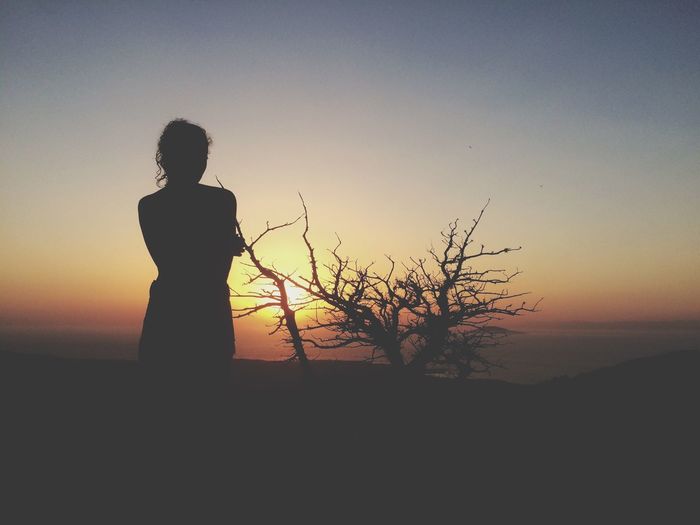 Silhouette woman standing by tree against clear sky during sunset