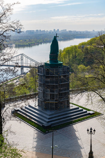 The monument to prince volodymyr on the volodymyrska hill  with a metal protective structure