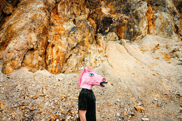 Pink unicorn in front of copper and gold mine open pit