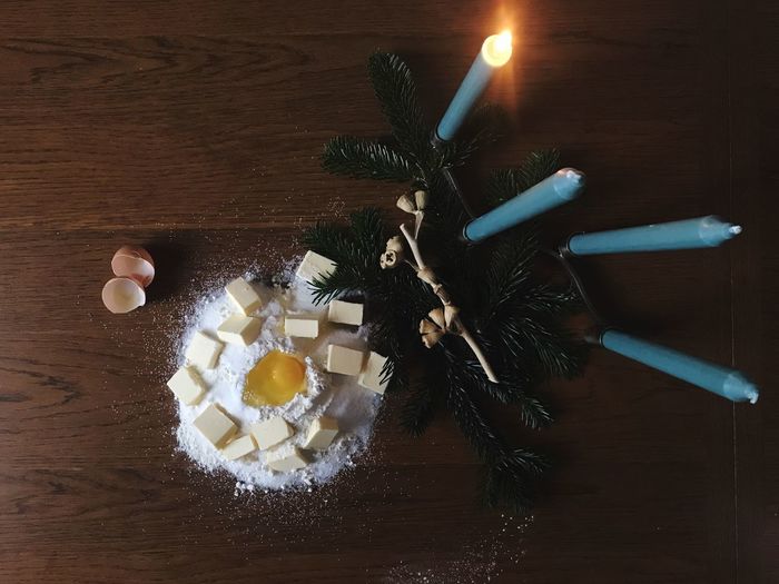 High angle view of candles on table