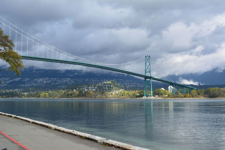 Suspension bridge over river against sky