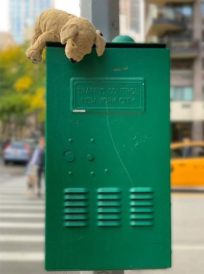 Close-up of mailbox on road in city