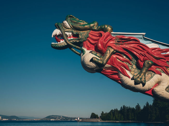 Low angle view of dragon statue against clear blue sky