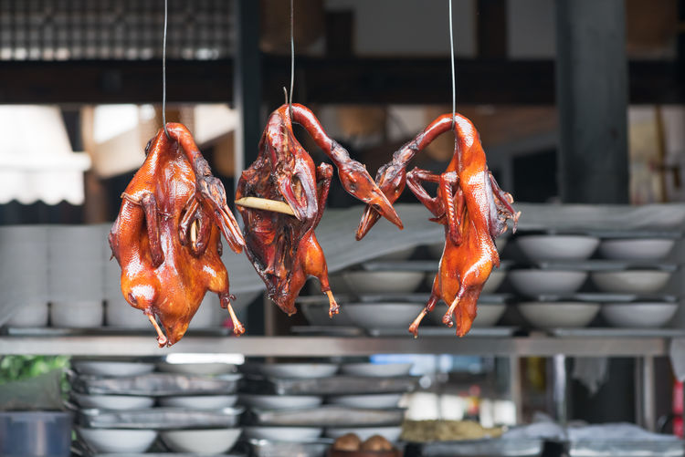 Close-up of roasted ducks