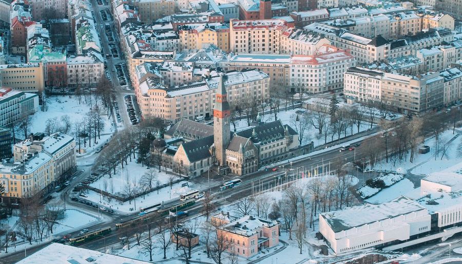 High angle view of frozen cityscape during winter
