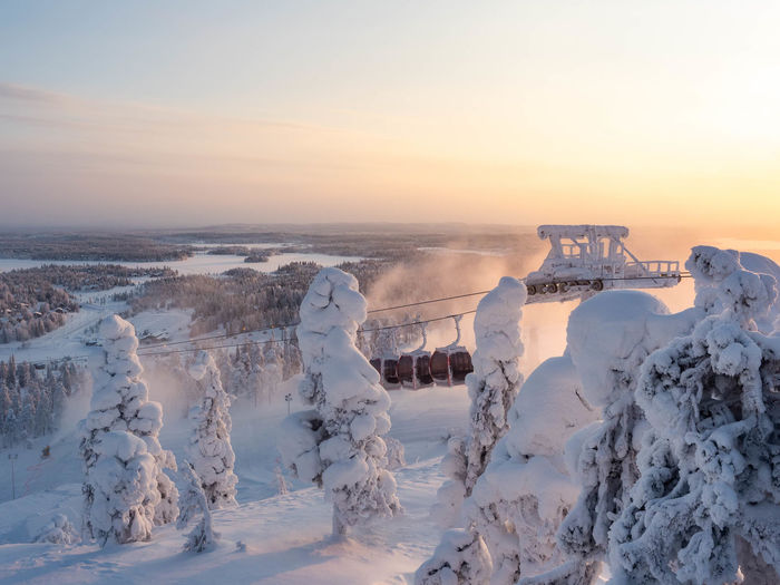 View of ruka ski resort during sunrise in kuusamo, finland