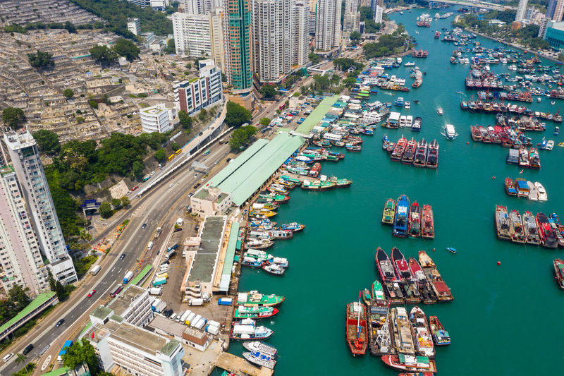 High angle view of cityscape at harbor