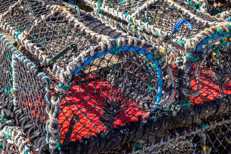 Lobster pots on the quayside at st ives, cornwall on may 13, 2021