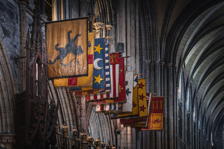 Closeup on flags and pennants in st. patricks cathedral, ireland