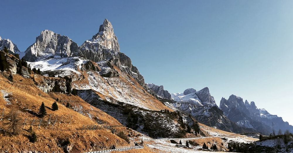 Panoramic view of snowcapped mountains against clear sky