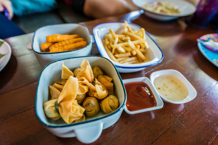 High angle view of food served on table