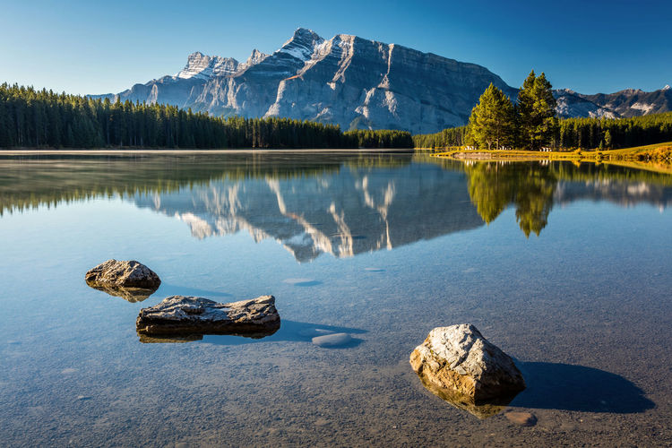 Clear water and clear sky at two jack lake in banff national park