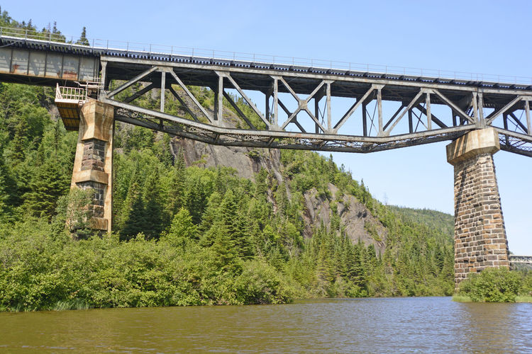 Inverted truss bridge from below over the little pic river in ontario