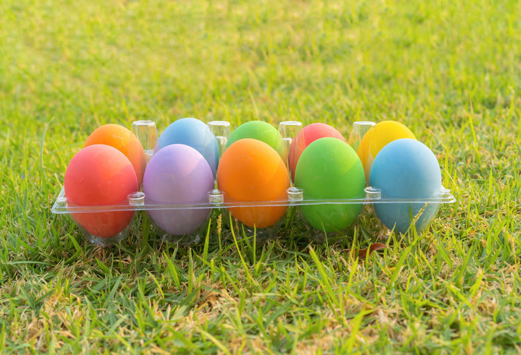 Close-up of easter eggs on grassy field