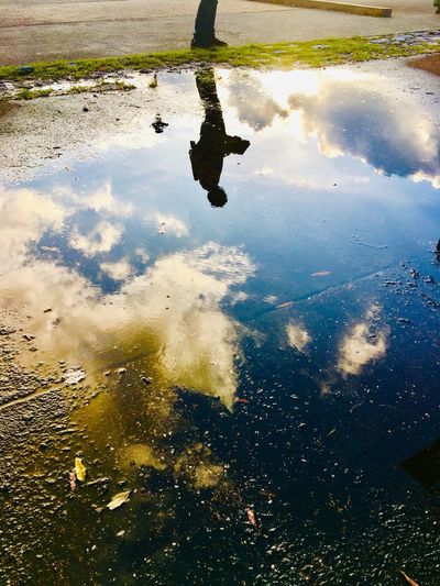 High angle view of reflection in puddle on lake