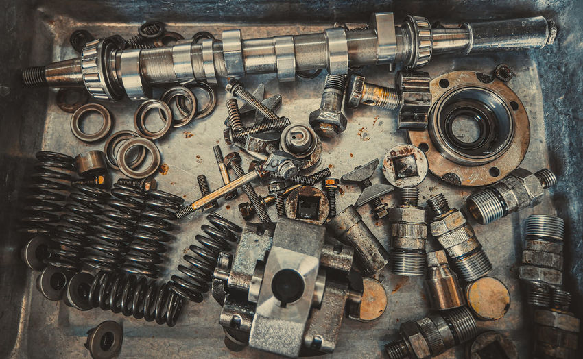 High angle view of machine parts