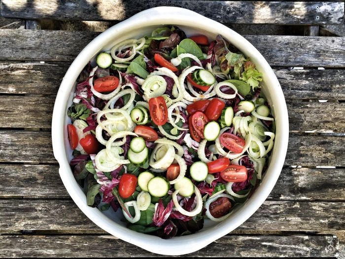 Directly above shot of salad in bowl on wooden table