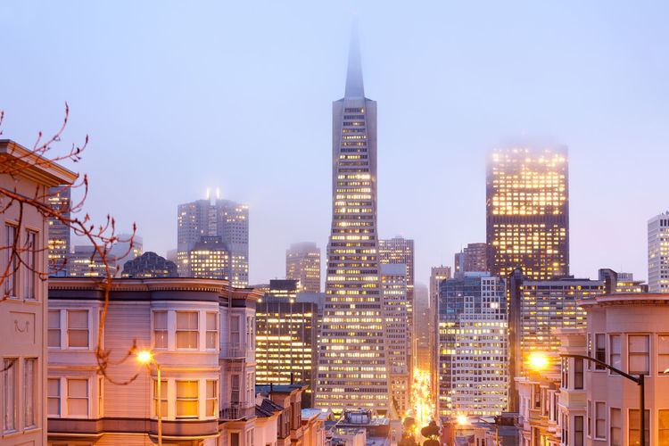 Skyline of financial district at dusk, san francisco, california, united states.
