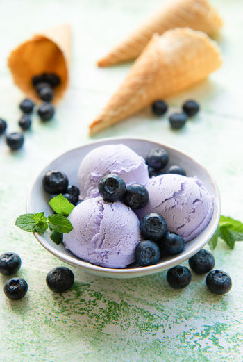 Homemade blueberry ice cream with fresh blueberries. sweet berry summer dessert.