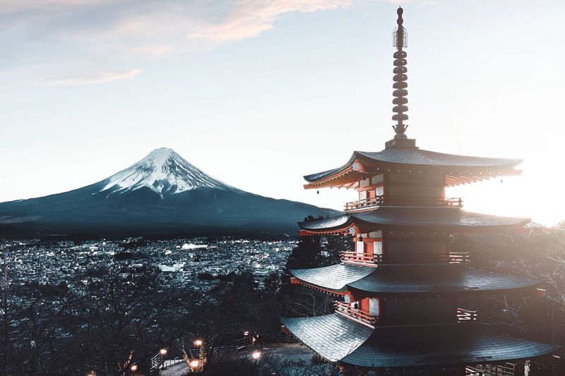 Temple and mt fuji against sky