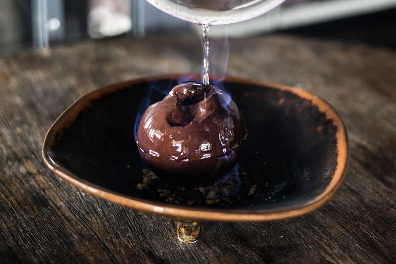 Close-up of drink on table and deesert