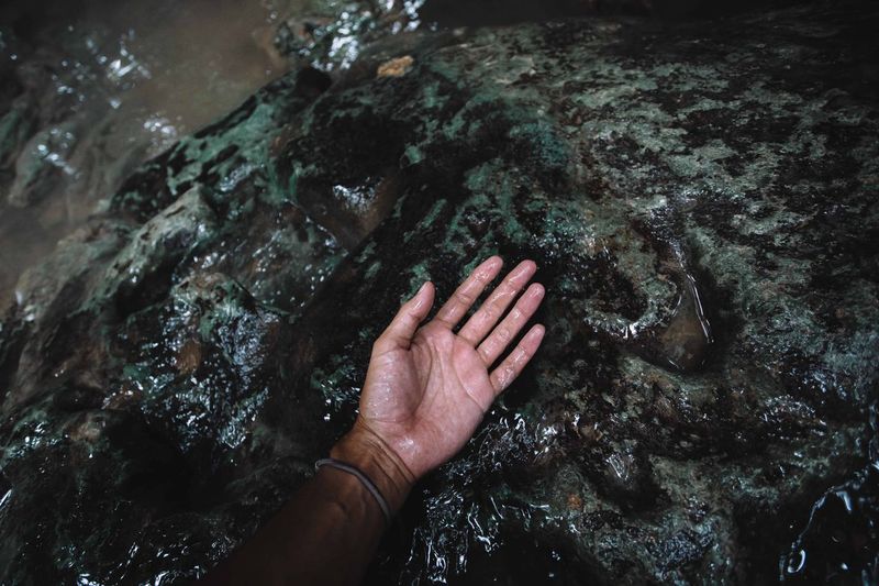 High angle view of hand on rock at beach