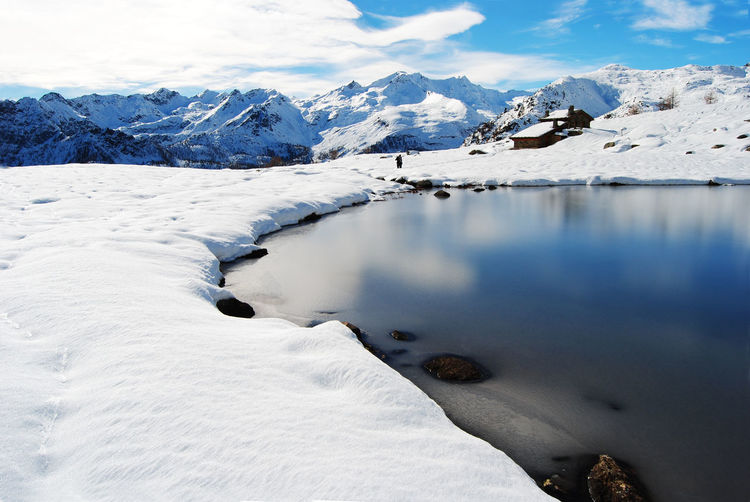 Frozen lake and snowcapped mountains against sky